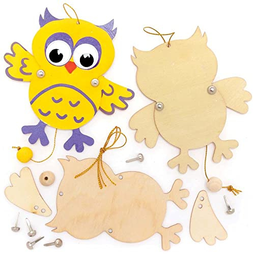 Baker Ross FE948 Eulen Handpuppen aus Holz - 5er Pack, Bastel deine eigenen Holzpuppen, Holzbastelset für Kinder zum Zusammenbauen und Dekorieren, Mittel