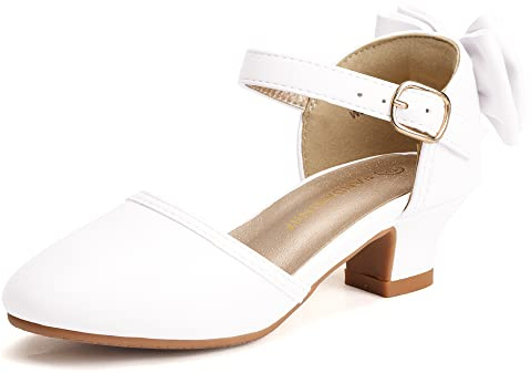 PANDANINJIA Girls Heels Sandals Toddler Flower Girl Dress Shoes Princess Mary Jane Pumps Low Heel Wedding Party Wendy Shoes for Little Kid/Big Kid Size 13, White Pu