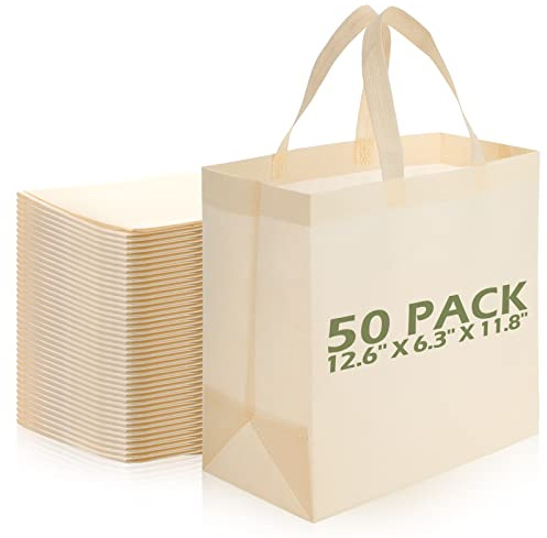 Reginary 50 Pieces Reusable Totes Bag Bulk Shopping Bags Non Woven Grocery handbag with Handles Foldable for Boutiques(Beige)