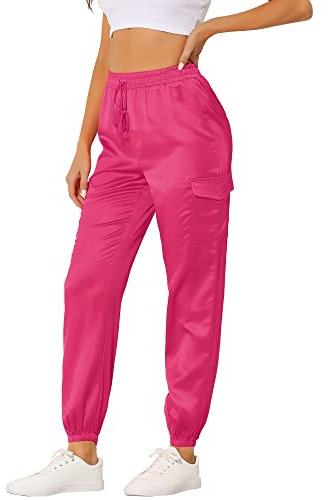 Allegra K Pantalones Cargo de satén Sedoso de Tiro Alto elástico con cordón para Mujer Rosa S