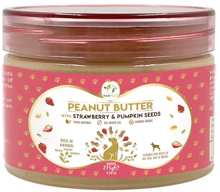 Pawfect Peanut Butter with Strawberry & Pumpkin Seeds for Dogs & Puppies - 100% Natural Lickable Treat- No Added Sugar, Salt, Palm Oil - No Sweeteners, No Xylitol - Healthy Dog Treat (275g/9.70oz)