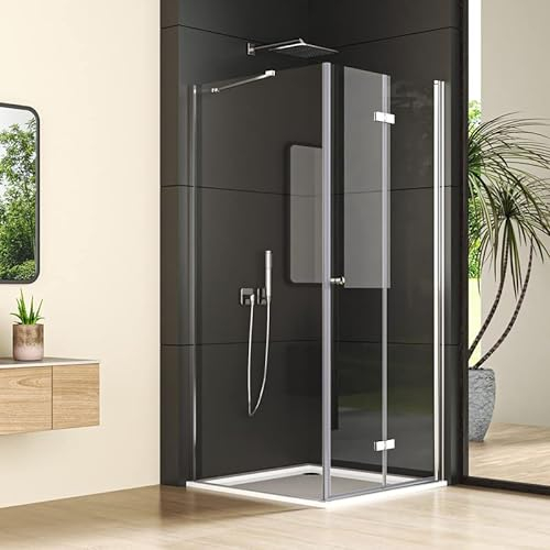 Duschkabine Falttür mit Seitenwand 90x90cm Eckeinstieg Duschabtrennung, Silber Drehfalttür mit festem Seitenteil, beide Seiten faltbar Duschwand mit 6mm ESG Glas, Höhe 185cm