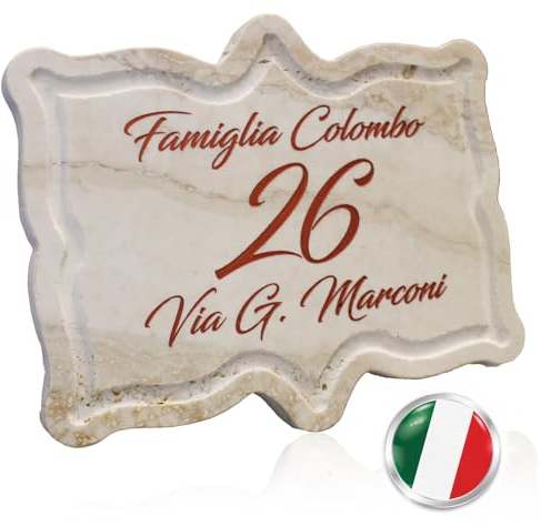 Era della Pietra, Numero Civico inciso personalizzabile da esterno in pietra di Travertino, targhetta per cassetta postale, campanello, porta d'ingresso citofono, numeri lettere 20x16cm.
