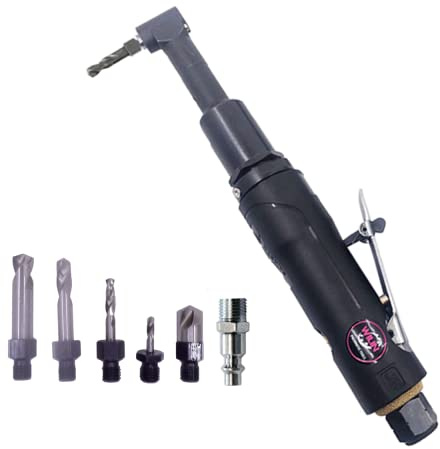 Air Threaded Drill Pneumatic Airplane Drill 1/4-28 Chuck Size 0.3 with 5 Pieces Drill Bits for Industrial Aircraft Maintenance 90 Degree Right Angle