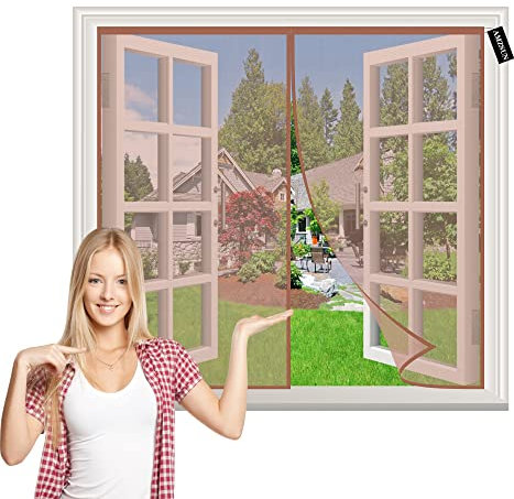 Magnet Fliegengitter Fenster Braun 120x105cm Insektenschutz Fliegenvorhang Moskitonetz türe-mit Klettband Automatisches Schließen Ohne Bohren