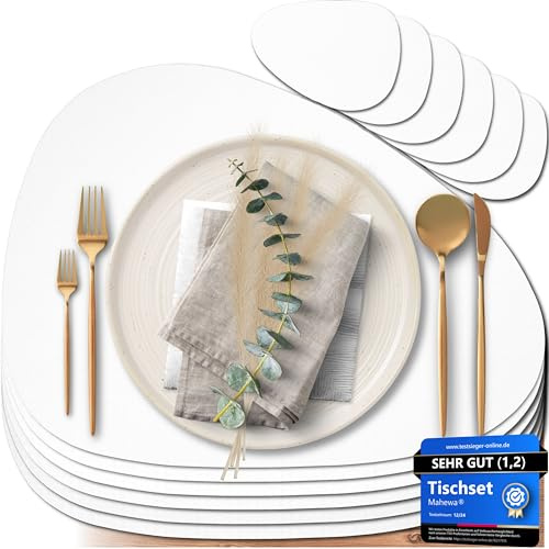 Mahewa® 6er Set Premium Tischset aus Kunstleder - Platzset abwaschbar und wasserdicht - Platzdeckchen Telleruntersetzer in Lederoptik (Weiß, Oval)