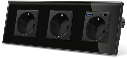 CNBINGO Steckdose mit 1x USB-C/A, 20W Schnellladen, 3-Fach Schwarz Glas | Schuko Steckdose Unterputz mit USB-Schnellladung, Wandsteckdose mit Kindersicherung, Horizontal oder Vertikal, Glasrahmen