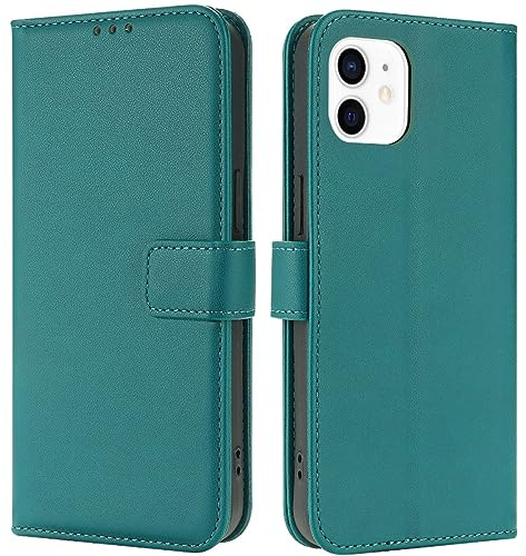 TQIAHF Fodral för iPhone 12/12 PRO - Flip plånboksfodral i läder med magnetisk korthållare, flip-plånbok stötsäkert, fullt telefonskydd, mörkgrön
