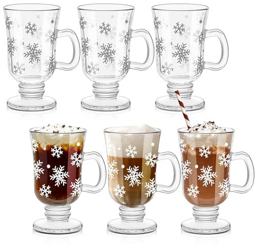Sliner Set of 6 Christmas Snowflake Glass Coffee Mugs with Handle, 8 oz Clear Irish Footed Coffee Glasses Mugs Winter Holiday for Beverages Latte Hot Chocolate (Snowflake)