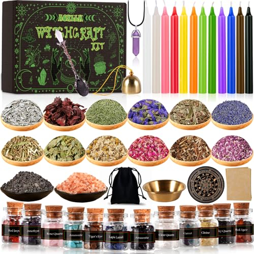 MUOIVG XL Starter Witch Kit Witchcraft Kit, Kerzen Kleine,Trockenblumen,Kristallen,Messlöffel,Pergamentpapier,Getrommelte Edelstein-Kristallchips für Chimes,Magie,Hexerei,wünsch dir was,Rituale