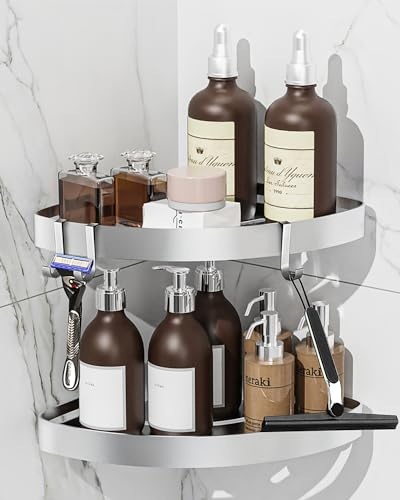 KeZaara Estanteria Baño sin Taladro Plata, Estante Ducha Esquina, Accesorios Ducha con 4 Ganchos, con Pegatinas, Aluminio, 2 Piezas (Plata)