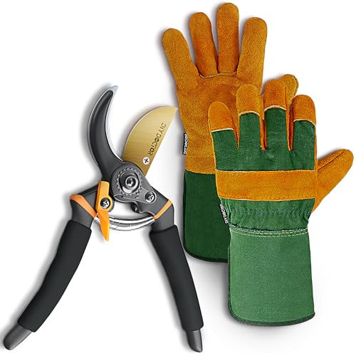 DIY Doctor - 1x Pair Unisex Leather Heavy Duty Gardening Gloves & Premium Garden Secateurs Heavy Duty - Leather Work Gloves - 1x Ultra Sharp Hardened Carbon Steel SK-5 Pruning Shears - Black Handle