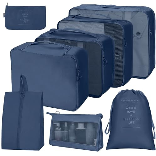 SLTAXAR 8-Teilig Koffer Organizer Mit Kleidertaschen Packing Cubes - Wasserdichte Packtaschen Set Mit Reißverschluss für Reisen und Urlaub in Navy Blau