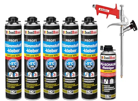 Isolbau B2 Dämmstoffkleber SET - 5 x 750 ml Perimeterkleber, 1 x PU-Schaum-Reiniger & 1x Schaumpistole für EPS & XPS-Platten - 1K PU-Klebeschaum für Fixieren & Befestigen