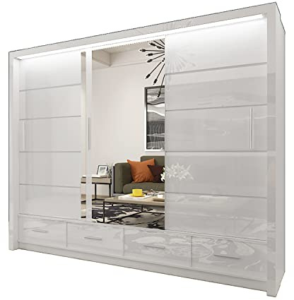 UK Sliding High Gloss Sliding Door Wardrobe with LED Light – Modern 2&3 Door Mirror Bedroom Wardrobe with Drawers, Hanging Rail, & Shelves for Bedroom Furniture (WHITE, 255cm)