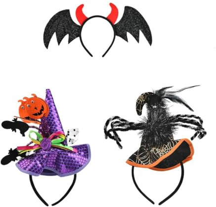 MIDERDO 3ST Kopfschmuck Halloween Hexenhut Kopfabdeckung Haarreif, Kürbis Fledermaus Spinne Flügel Stirnband Kopfabdeckung Hexenhüte Cosplay-Kopfschmuck für Halloween Kostümparty Cosplay Fasching