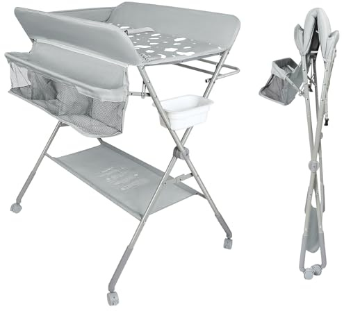 Table à langer pour bébé avec roues, station à langer pliante portable à hauteur réglable avec organiseur de pépinière et support de rangement pour nouveau-né et nourrisson-80 * 58 * 90 cm-gris clair