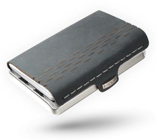 I-CLIP MAX Edelstahl Satiniert Race - Geldbeutel – Slim Wallet mit Platz für 14 Karten- Geldscheinklammer für bis zu 30 Geldscheine - Edelstahlrahmen mit Echtleder-Cover