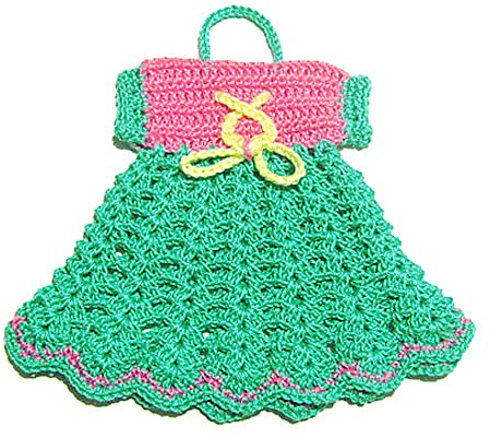 Presina ad uncinetto acquamarina e rosa a forma di vestitino in cotone 15.5x15 cm (19PRS) - Made in Italy