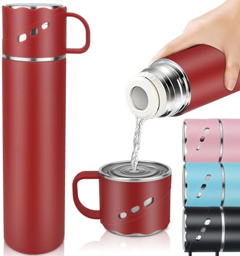 Hot Water Bottle 550ml | Stainless Steel Vaccum Hot Water Flask | Six Wall Travel Mug with Handle and Leakproof Cover | Thermal Flask for Hot Drink & Cold Drink 12h | Red Metal Water Bottle for Sports