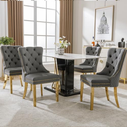 DRIXNO Esszimmerstuhl (Küchenstuhl Wohnzimmerstuhl mit einzigartigem Runde Zugringe auf der Rückseite, 4 STS), Polsterstuhl mit Nagelkopfbesatz,Stützbeine aus vergoldetem Edelstahl, Samt, Grau