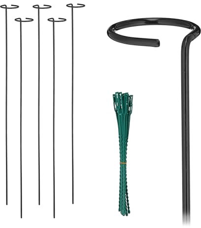 Relaxdays Pflanzstäbe Metall, 6er Set, Rankstäbe mit Ring, 80 cm lang, Metallstäbe Garten, mit Pflanzenbindern, schwarz