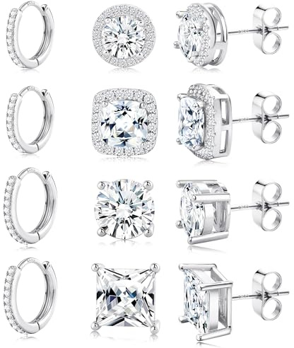 FANCH Orecchini Argento Sterling 925 per Donne Uomo Cubic Zirconia Orecchini 14K Oro Placcato Bianco Ipoallergenico Huggie Orecchini Cerchio Taglio Brillante Simulato Diamante Halo Orecchini Argento
