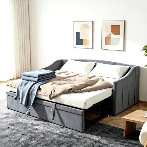 Sängklädsel, bäddsoffa, utdragbar för 2 personer, dagsäng, utdragbar säng på samma höjd, bäddsoffa med ribbotten och ryggstöd, multifunktionssäng, sammetstyg, utan madrass (grå, 90 x 200 cm)