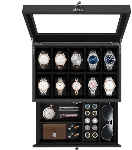 Uten Boîte à Montres 10 Compartiments, 2 Niveaux Coffret à Montres en Bois, Couvercle en Verre, Coffret de Rangement pour Montres, Coussinets Coton de Soie, Doublure Noire, Idée Cadeau | Présentoir de bijoux de montre, bois brut, oreillers doux, pour montre jusqu'à 52 mm, rustique, noir