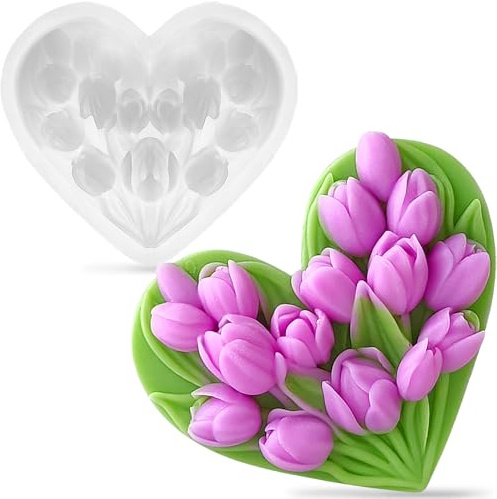 Molde de silicona con forma de tulipán con forma de corazón y flores, moldes de silicona para flores, velas, flores, raysin, moldes de jabón, moldes de silicona