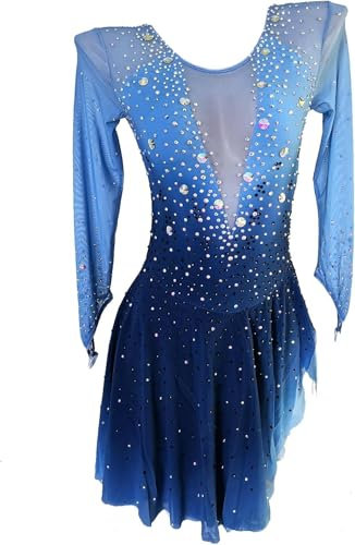 Blaues langärmeliges Eiskunstlaufkleid für Mädchen Wettkampf tragen Volldiamant Eiskunstlauf Anzug Damen Professionelle Eiskunstlauf Wettkampfkleider,Blau,XL