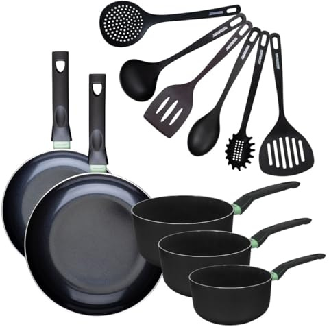 Fackelmann Batterie 2 poêles 24/28 cm, casseroles et ustensiles | 2 poêles 3 casseroles 6 ustensiles, Aluminium recyclé et céramique, Induction gaz vitrocéramique four, Formats 24 à 20 cm