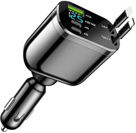 NHQZ 5 in 1 Caricatore Auto USB C 100W Retrattile PD 3.0 Accendisigari Auto,Ricarica Rapido Caricabatterie,Accessori Auto Interno,Regali per Lui fit iPhone 16 15 14 13 12 Pro Max iPad Galaxy S25