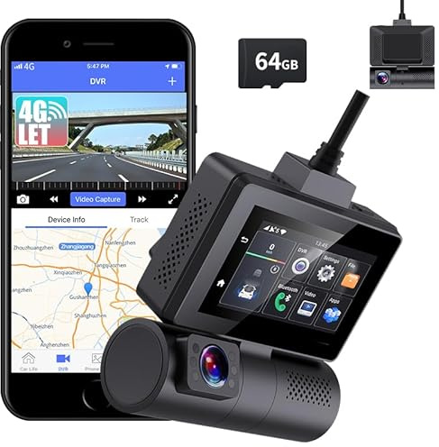 Dash cam 4G LTE con app di streaming live visualizzazione remota navigazione GPS ADAS WiFi doppia lente per riprese frontali e interne, kit di cablaggio, scheda SD da 64 GB inclusa.