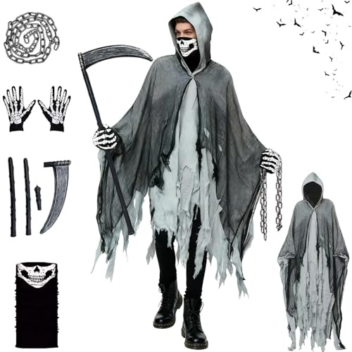 AOMAIGAD Disfraz de Parca,Disfraz de Parca para Halloween,Halloween Disfraz de Segador,Máscara de Esqueleto, Guantes y Hoz,Cadena,Ideal para Fiesta de Halloween, Carnaval y Cosplay (Gris)