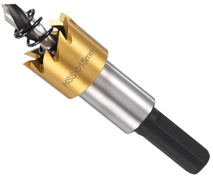 METALLIXITY Seghe Tazza Frese per Metallo 15mm (19/32), M2 Fresatrice Foro Acciaio Rapido con Punta Centrale, Chiave Esagonale e Molla - per Metallo Media Durezza, Legno, Pannelli, Oro