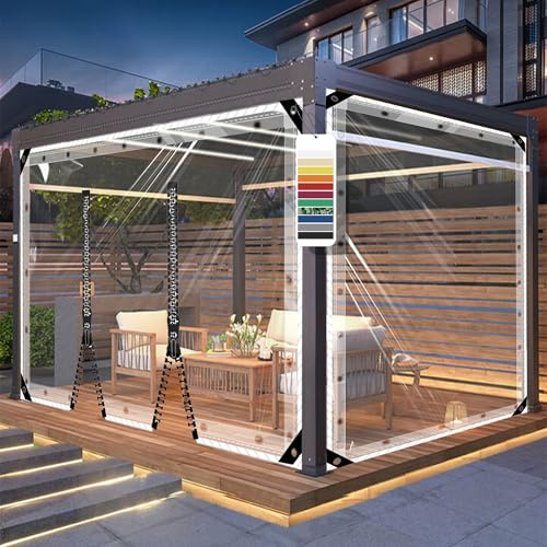 AMXFS Planen mit ösen Pavillonvorhang 580g/㎡ PVC Transparent H2.2mxL2m | 0.5mm Terrassenplane Outdoor Vorhang Wetterfest wasserdichte Regenschutzplane für Pavillon Wintergarten mit Reißverschluss