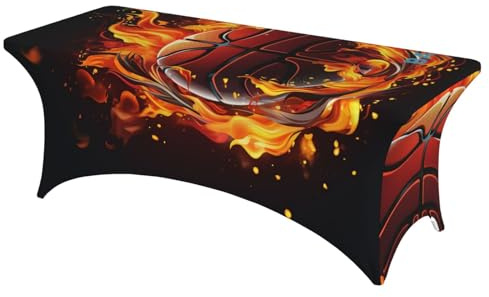 LHDGBNV Basketball Logo with Flames Spandex Table Covers 6ft, Stretch Wrinkle Resistant Table Cloth Washable Universal Rectangular Tablecloth Protector for Birthday Party Wedding Banquet