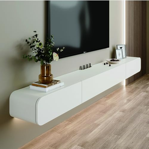 FPIGSHS Mobile TV in legno massello sospeso con 2 cassetti 180 cm, moderno armadio TV a parete, bianco, supporto TV sospeso, mensola media con spazio di archiviazione per soggiorno, camera da letto