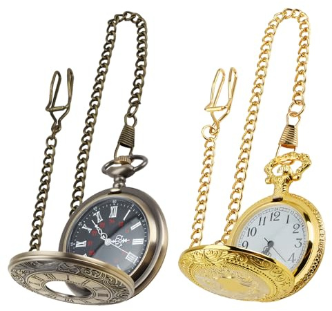 Wriligel 2 Pcs Vintage Pocket Watch for Men, Pocket Watch and Chain Set, Retro Quartz Timepieces, Elegant Men’s Fob Watches, Ideal Birthday or Collectors Gift (Gold, Bronze)