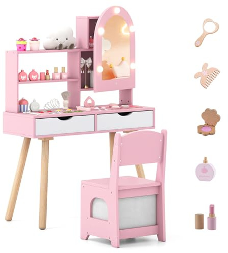 COSTWAY Kinder Schminktisch Set mit LED Spiegelschrank, Frisiertisch Prinzessin mit Beleuchtung, 2 Schubladen, 3 Haken & Zubehör, Kinderschminktisch Holz, Kosmetiktisch für Mädchen ab 3 Jahren (Rosa)