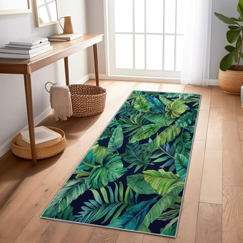 Flurläufer 60X180 cm – rutschfest Waschbar Langer Teppichläufer Für Flur, Eingang, Schlafzimmer, Wohnzimmer, Küche – Tropisch Bananenblatt Palme Grün Niedriger Flor Heimdekoration