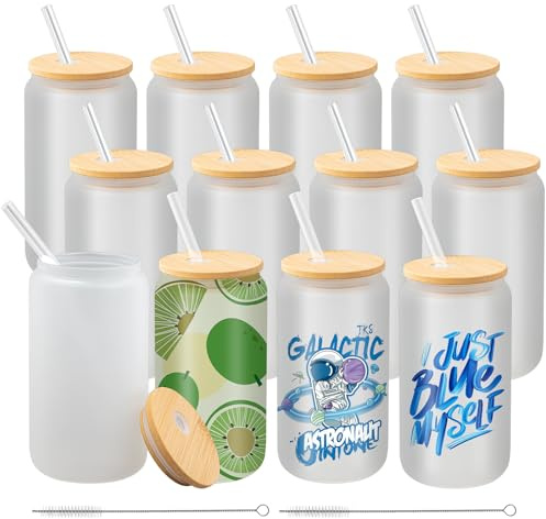 RWFMO 12 Pcs Sublimation Glass Cans, 16oz/470ml Blank Frosted Beer Can, Sublimations Glasses Tumbler with Bamboo Lid Glass Straw for Iced Coffee Juice Soda Drinks