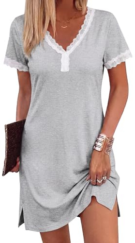 Aseniza Camisón Mujer Algodón Manga Corta Verano Ropa de Dormir Descanso Vestido Suelto Cómodo con Encaje Cuello en V Botones Decorativos Tallas Gris L