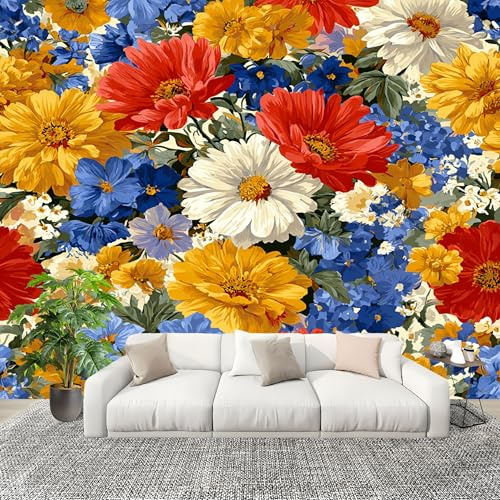 Fiori Colorati Crisantemi Fiori Di Pesco Carta da Parati Fotografica Panorama Effetto 200x140cm Colorato Decorazione da Parete per Camera da Letto e Soggiorno Parete Fotografica in Tessuto non Tessuto