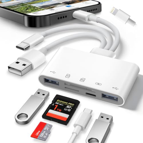 Dalimee Lector de tarjetas SD para iPhone, iPad, adaptador de tarjeta SD 5 en 3 con Lightning, conector USB C y USB-A a SD, tarjeta Micro SD/TF y puerto USB, adecuado para teléfonos, portátiles