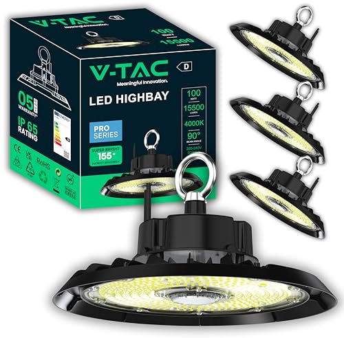 V-TAC 4x Fari Industriali Led UFO potenza 100W - [PRO SERIES - MASSIMA EFFICIENZA ] - Lampada Faro Industriale 15500 lm per Magazzino, Fabbrica, Officina - IP65 - Campana - Luce Naturale 4000K