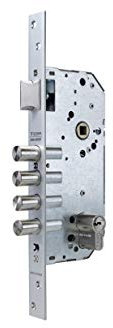 Tesa Assa Abloy Cerradura de seguridad monopunto R100B de 4 bulones de cierre y picaporte, cilindro T60 de 60mm, entrada de 60mm, escudo E300L, acabado acero cromado