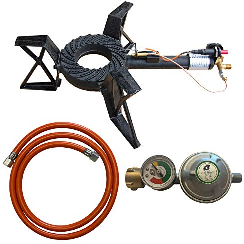 Gaskocher 10,5 kW mit 3-Fuß Gestell – Hochleistungs Hockerkocher mit 50 mbar Druckregler, 1,5 m Schlauch, Piezozündung & Zündsicherung – Outdoor Campingkocher für Wok & große Töpfe