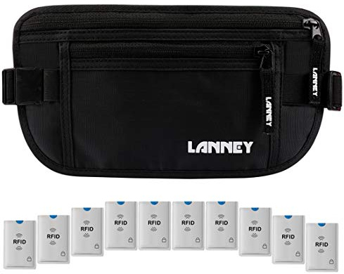 Travel Money Belt RFID Blocking Waist Wallet Waterproof Hidden Stash for Men Women, Under Clothes Passport Holder with 10 Credit Card Sleeves, Black